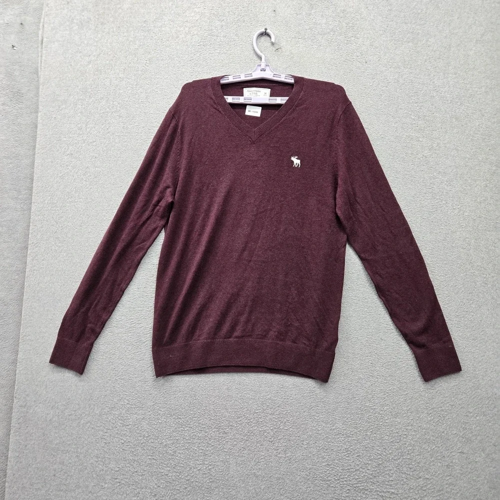 Abercrombie & Fitch Men Sweater M Burgundy Moose Logo Embroidered Pullover